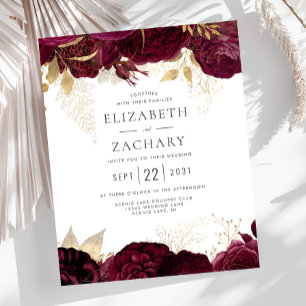 Budget Burgundy Gold Floral Wedding Invitation