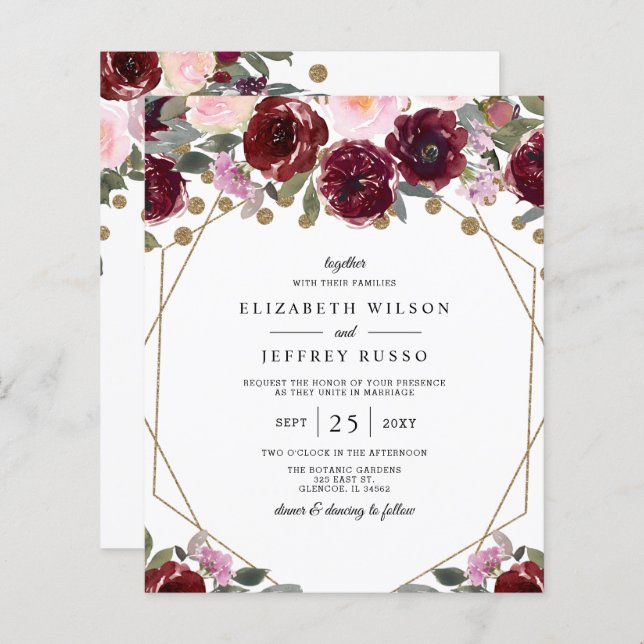 Budget Burgundy Gold Geometric Wedding Invitation (Front/Back)