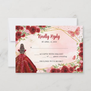 Budget Burgundy Gold Glitter Floral Princess RSVP Card