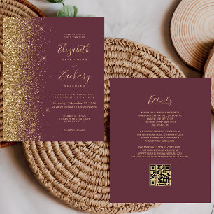 Budget Burgundy Gold Glitter QR Code Wedding