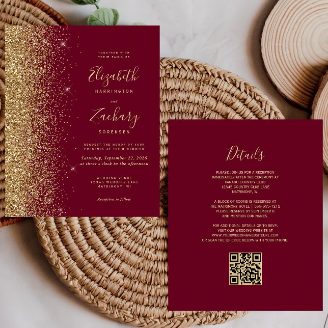 Budget Burgundy Gold Glitter QR Code Wedding (Creator Uploaded)