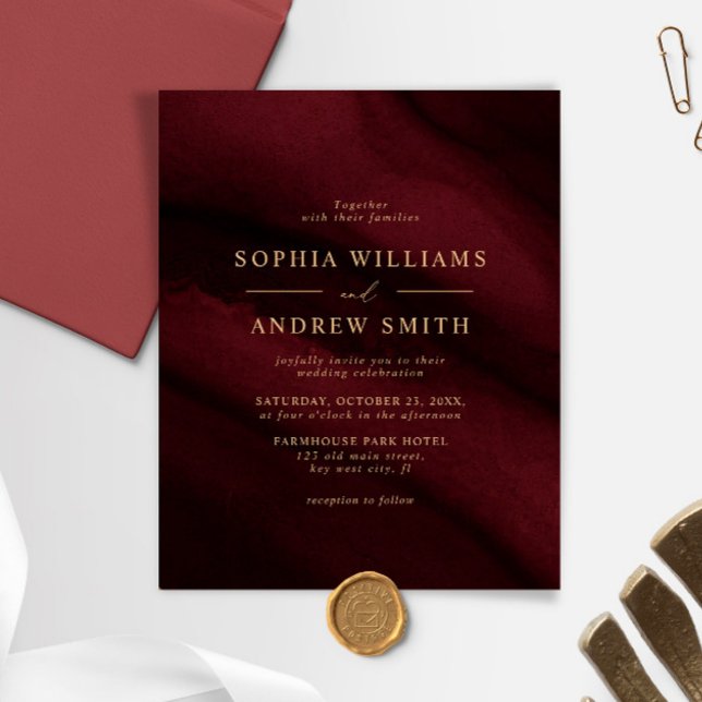 BUDGET Burgundy & Gold Minimal Wedding invitation (Creator Uploaded)