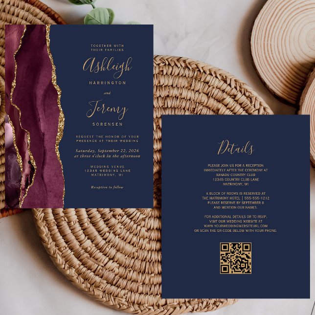 Budget Burgundy Gold Navy QR Code Wedding Invite (Creator Uploaded)
