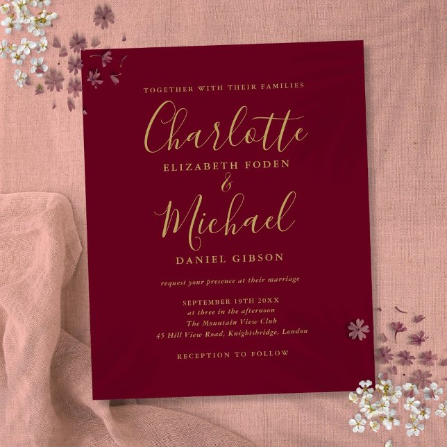 Budget Burgundy Gold Script Wedding Invitation (Creator Uploaded)