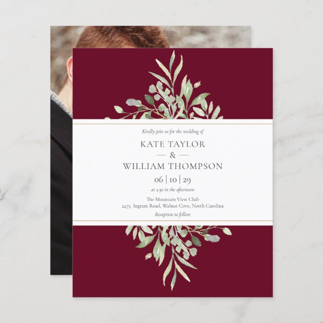 Budget Burgundy Greenery Wedding Photo Invitation (Front/Back)