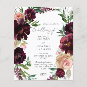 Budget Burgundy & Light Blush Pink Floral Wedding Flyer
