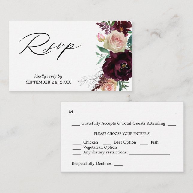 Budget Burgundy & Light Pink Floral 2SM Meal RSVP  Enclosure Card (Front/Back)