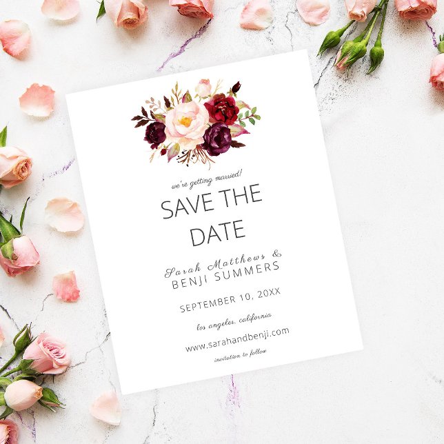 Budget Burgundy Marsa Floral Save the Date- White Flyer (Creator Uploaded)