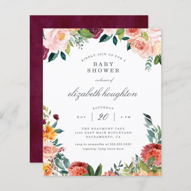 Budget Burgundy Marsala Blush Floral Baby Shower (Front/Back)