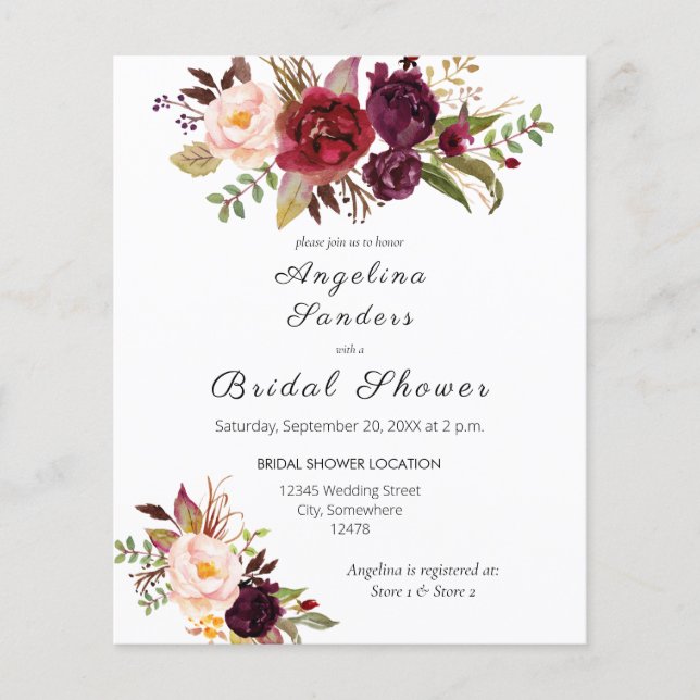 Budget Burgundy Marsala Floral Bridal Shower Flyer (Front)