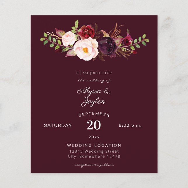 Budget Burgundy Marsala Floral Burg Wedding Flyer (Front)