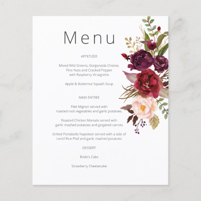 Budget Burgundy Marsala & Pink Floral Menu- White Flyer (Front)