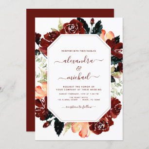Budget Burgundy Navy Blue Floral Wedding Elegant Invitation