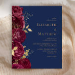 Budget Burgundy Navy Blue Floral Wedding Invite<br><div class="desc">This romantic floral wedding invitation features a border of burgundy flowers set off with gold faux foil foliage. The names of the couple appear in classic gold-coloured serif font,  with the remaining text in italics,  on a navy blue background.</div>