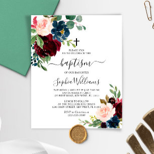 Budget Burgundy & Navy Floral Baptism Invitation