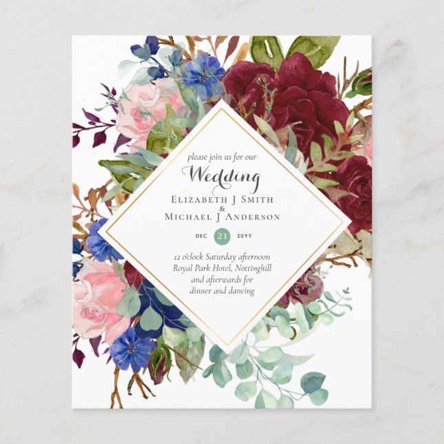BUDGET Burgundy Navy Floral Wedding Invitations Flyer (Front)