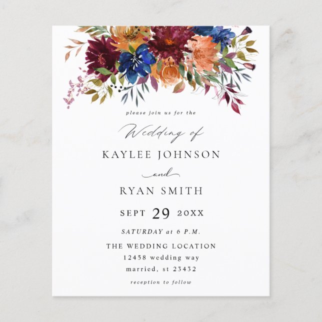 Budget Burgundy Navy Orange Fall Floral Wedding 2 Flyer (Front)