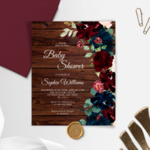 Budget Burgundy & Navy Wood Baby Shower Invitation