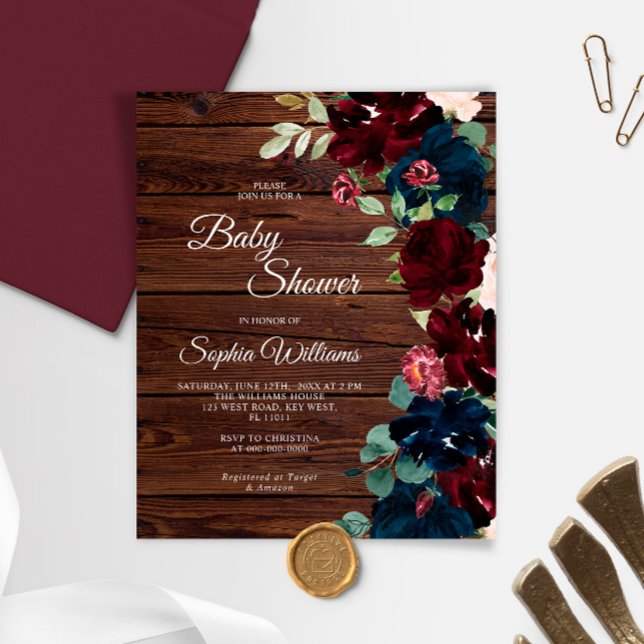 Budget Burgundy & Navy Wood Baby Shower Invitation (Creator Uploaded)