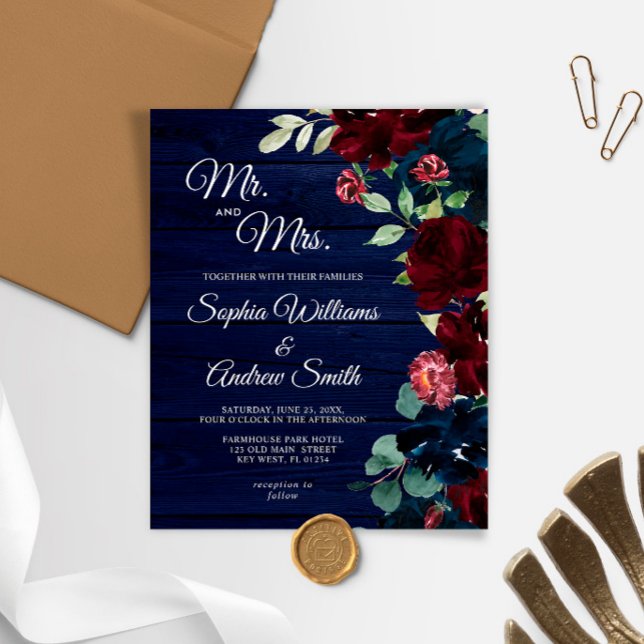 Budget Burgundy & Navy Wood Wedding Invitation (Creator Uploaded)