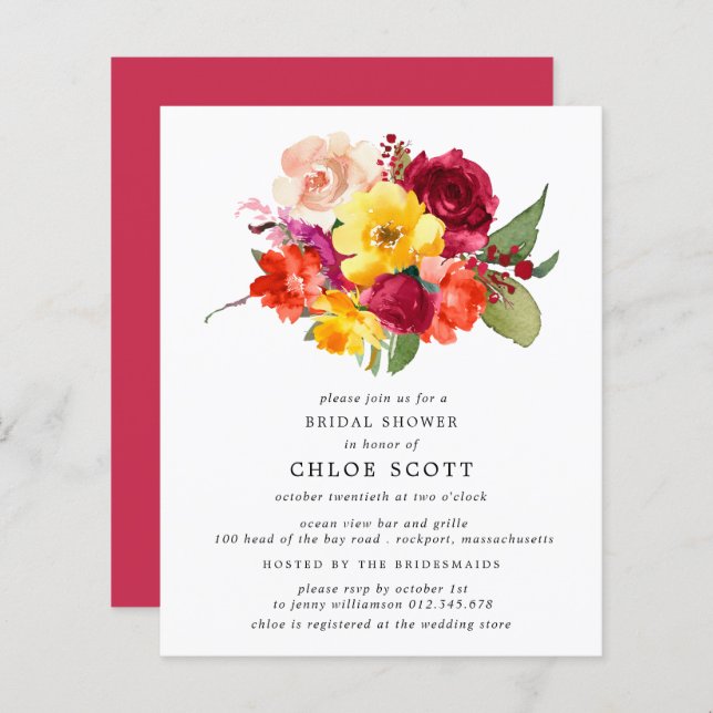 Budget Burgundy Orange Yellow Bridal Shower Invite (Front/Back)