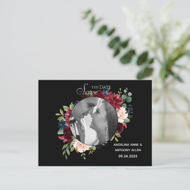 Budget Burgundy Photo Elegant Watercolor Floral Announcement Postcard (Standing Front)