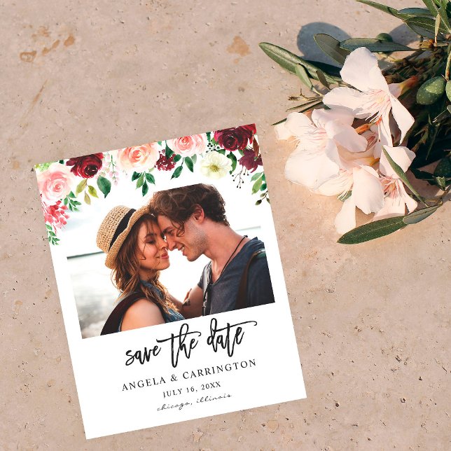 Budget Burgundy Pink 4 Floral Save the Date Photo Flyer (Creator Uploaded)