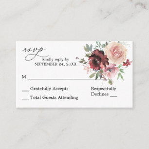 Budget Burgundy & Pink 5 Floral 2SM No Meal RSVP Enclosure Card