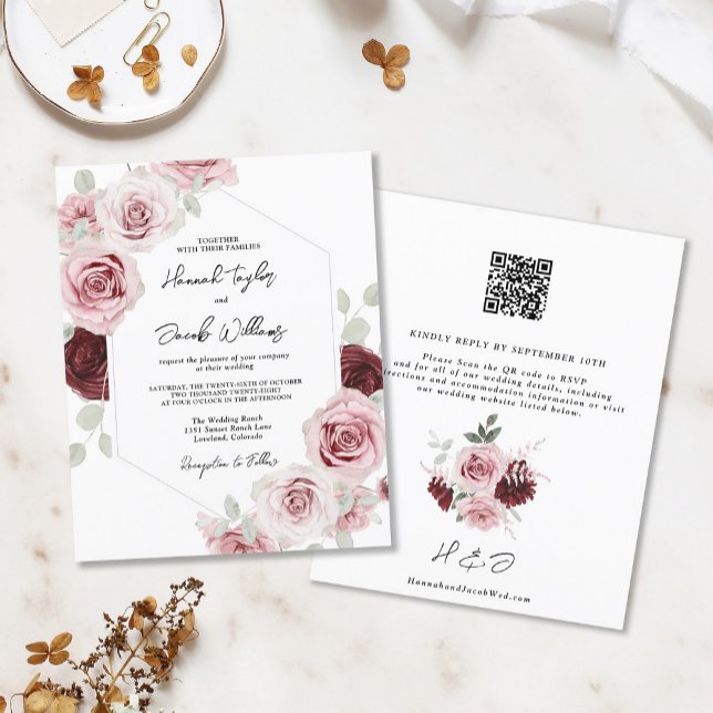 Budget Burgundy Pink Floral QR Code Wedding Invite (Creator Uploaded)