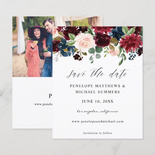 Budget Burgundy & Pink Floral Save the Date Photo (Front/Back)