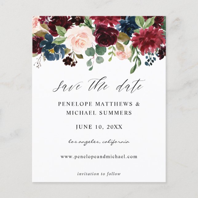 Budget Burgundy & Pink Floral Save the Date Photo Flyer (Front)