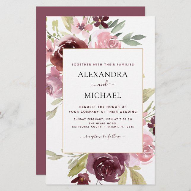 Budget Burgundy Pink Floral Wedding Invitation (Front/Back)