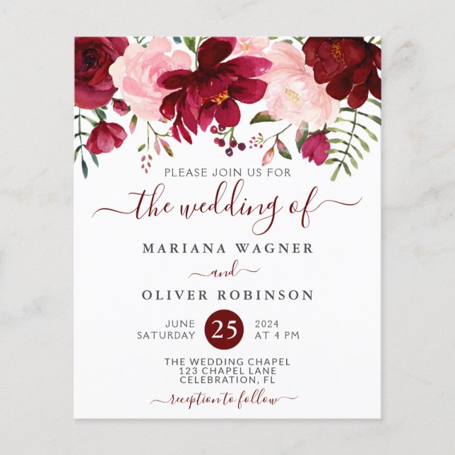 Budget Burgundy Pink Floral Wedding Invitation (Front)