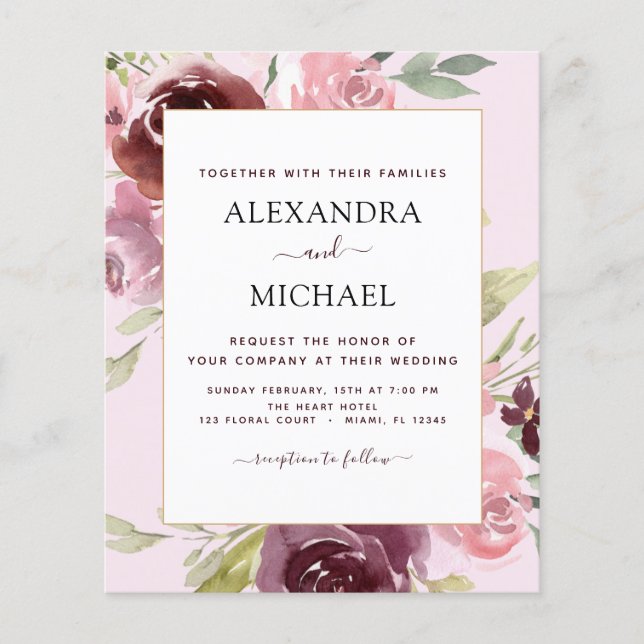 Budget Burgundy Pink Floral Wedding Invitation Flyer (Front)