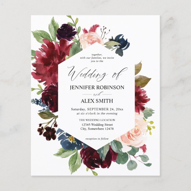 Budget Burgundy, Pink, & Navy Floral Wedding Flyer (Front)