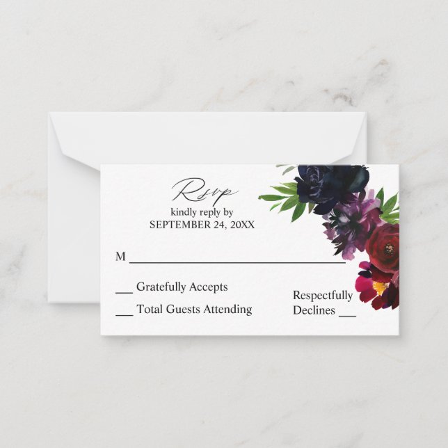 Budget Burgundy Plum & Navy Floral SM No Meal RSVP Card (Front)