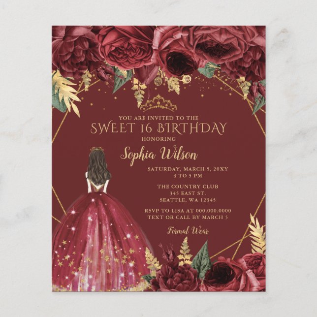 Budget Burgundy Princess Sweet 16 Invitation (Front)