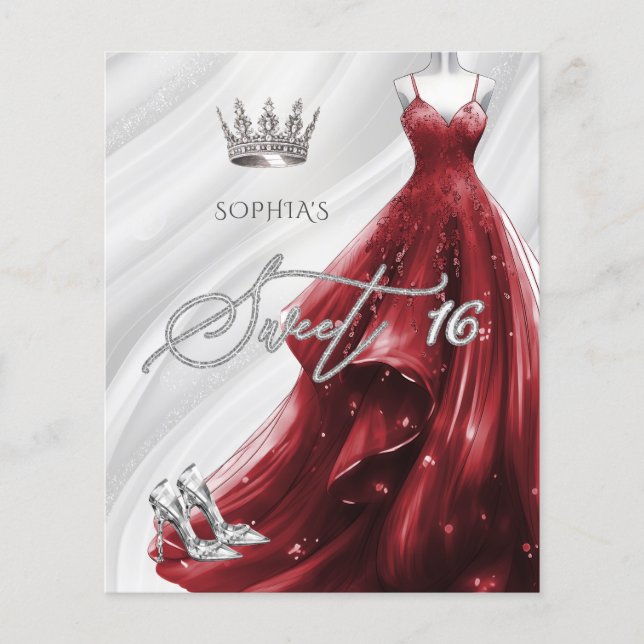 Budget Burgundy Red Dress Sweet 16 Invitation (Front)