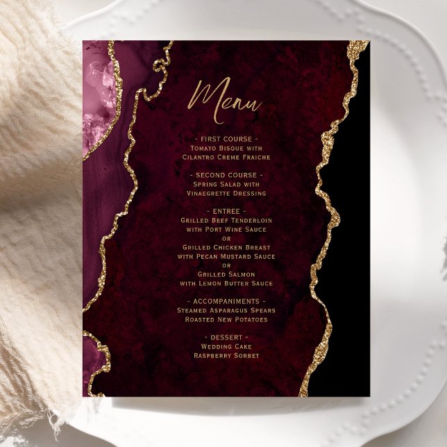 Budget Burgundy Red Gold Agate Wedding Menu (Creator Uploaded)