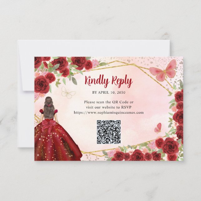 Budget Burgundy Red Gold Floral Princess QR RSVP Card (Front)