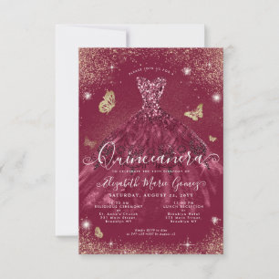 Budget Burgundy Red Gold Glitter Gown Quinceanera Card