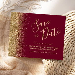 Budget Burgundy Red Gold Glitter Save the Date