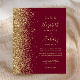 Budget Burgundy Red Gold Glitter Wedding Invite