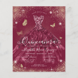 Budget Burgundy Red Gold Gown Quinceanera Invite