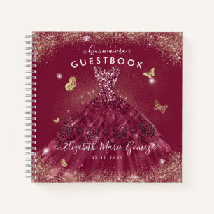 Budget Burgundy Red Gold Quinceanera Guestbook  Notebook