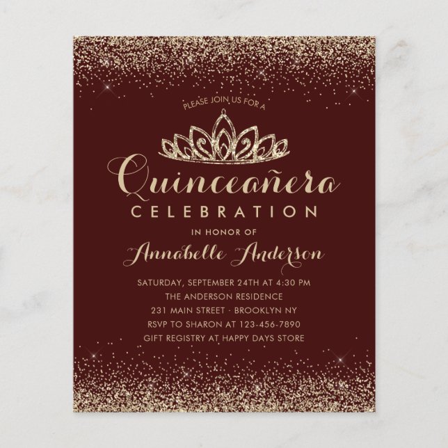 Budget Burgundy Red Gold Quinceañera Tiara Invite (Front)
