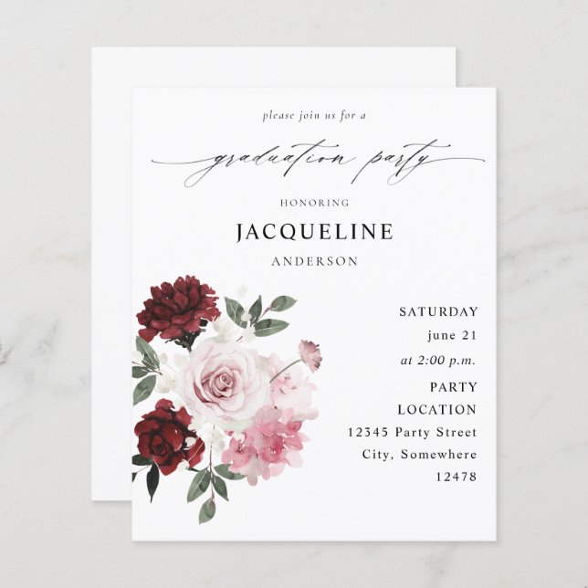 Budget Burgundy Red & Pink Floral Graduation Party (Front/Back)