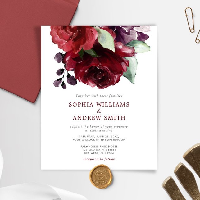 Budget Burgundy Red Rose Flower Wedding Invitation (Creator Uploaded)