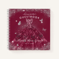 Budget Burgundy Red Silver Quinceanera Guestbook