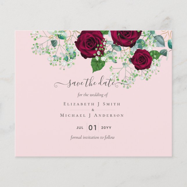 BUDGET  Burgundy Rose Eucalyptus Wedding Flyer (Front)